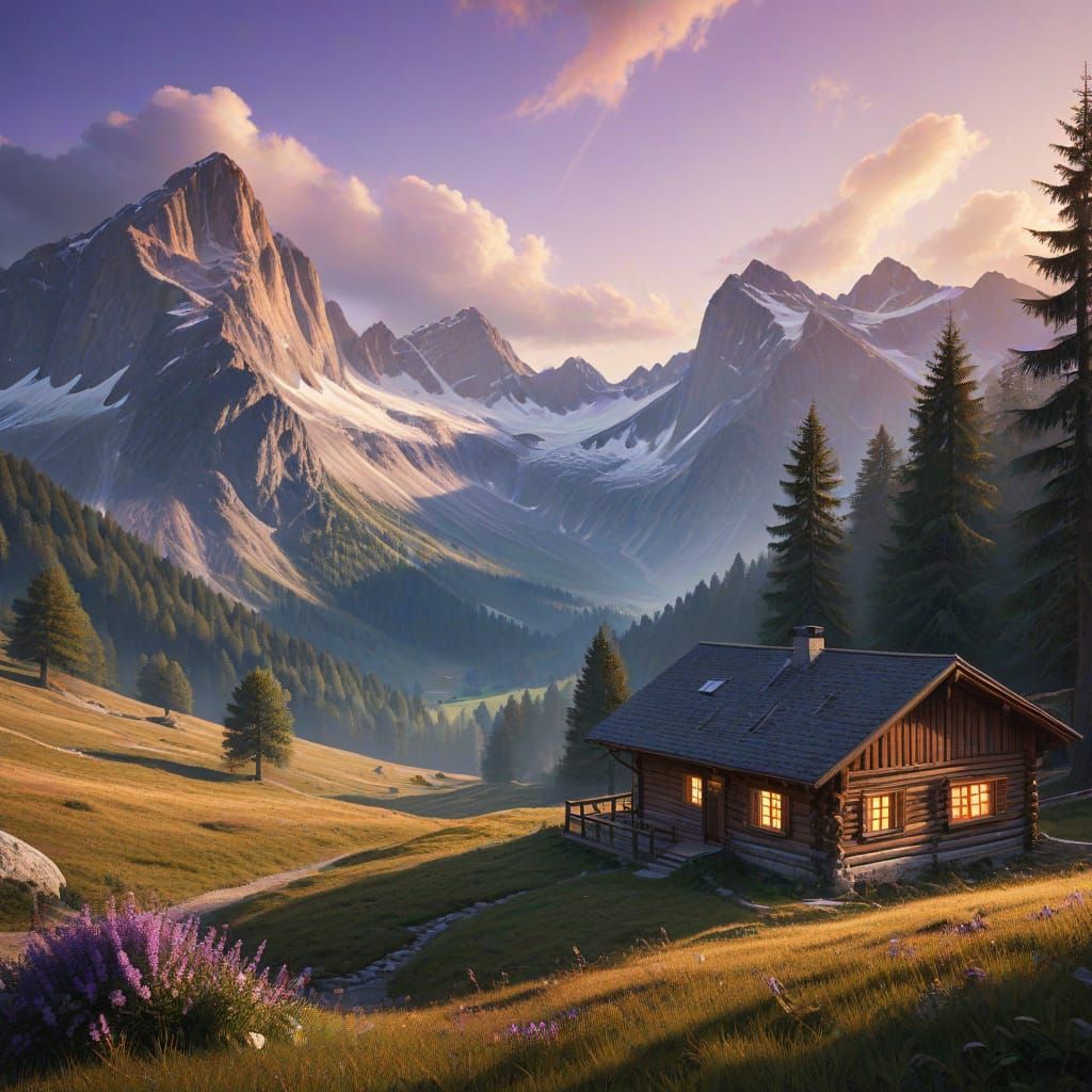 Bavarian Alps Cabin at Sunset, Realistic Digital Painting