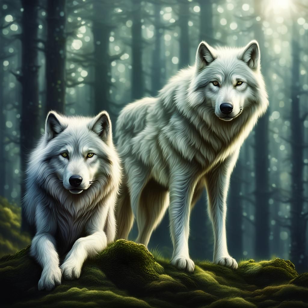 Enchanted Wolves in Whimsical Mossy Realm