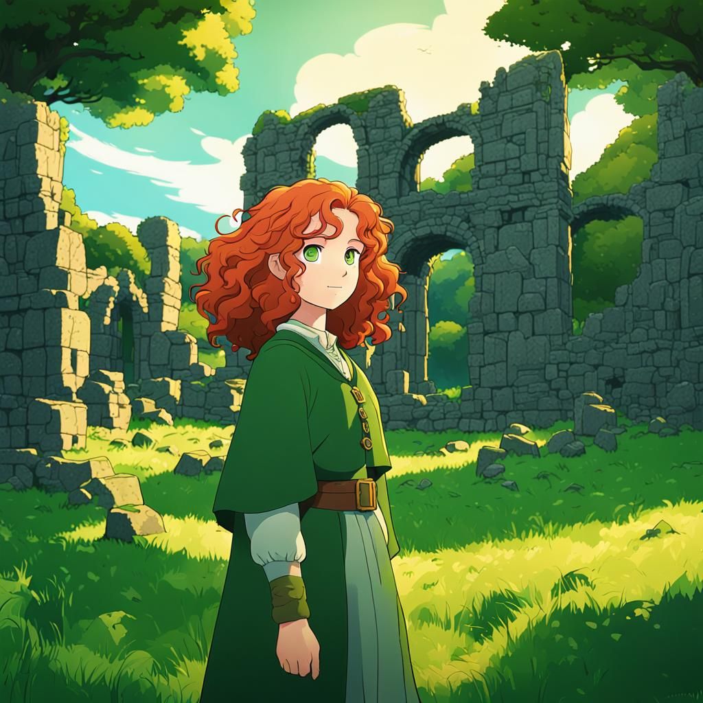 Anime Woman in Irish Meadow with Celtic Ruins