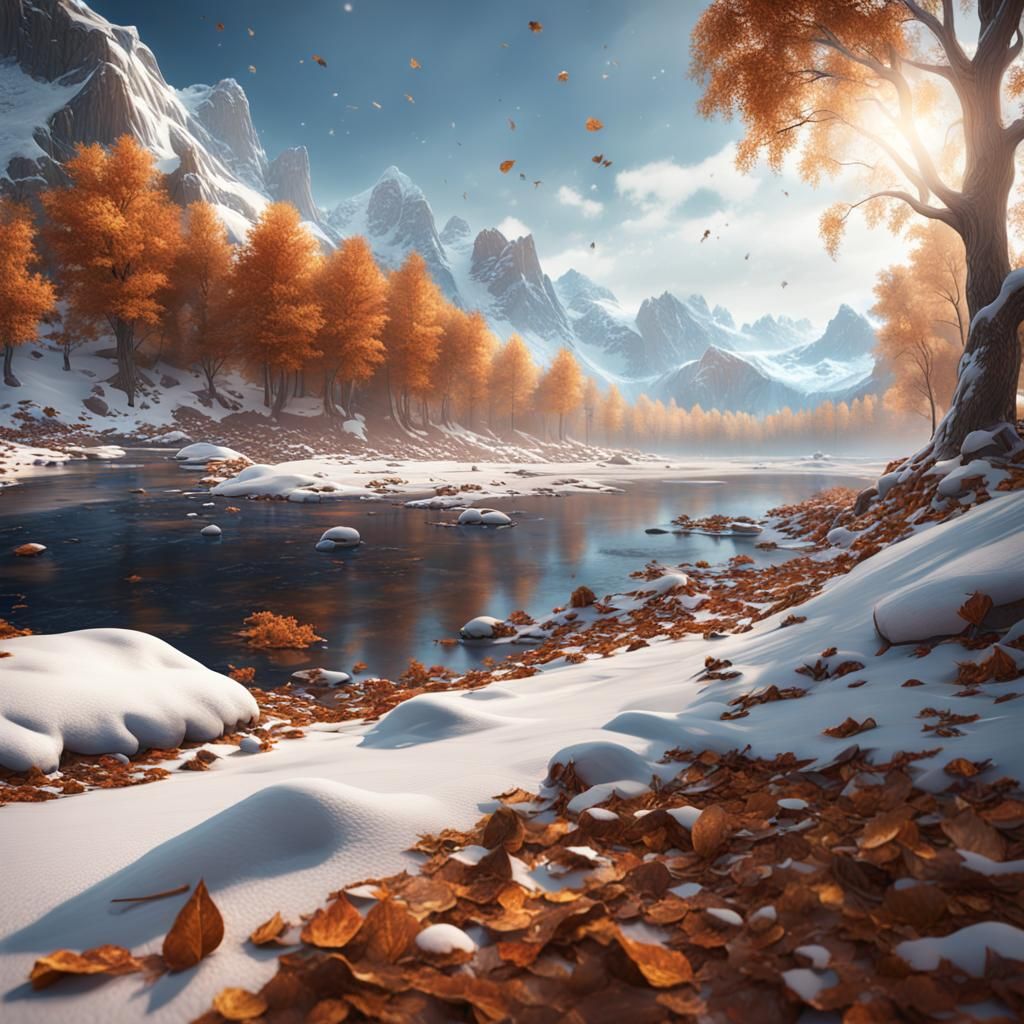 Surreal Beach with Snow and Autumn Leaves