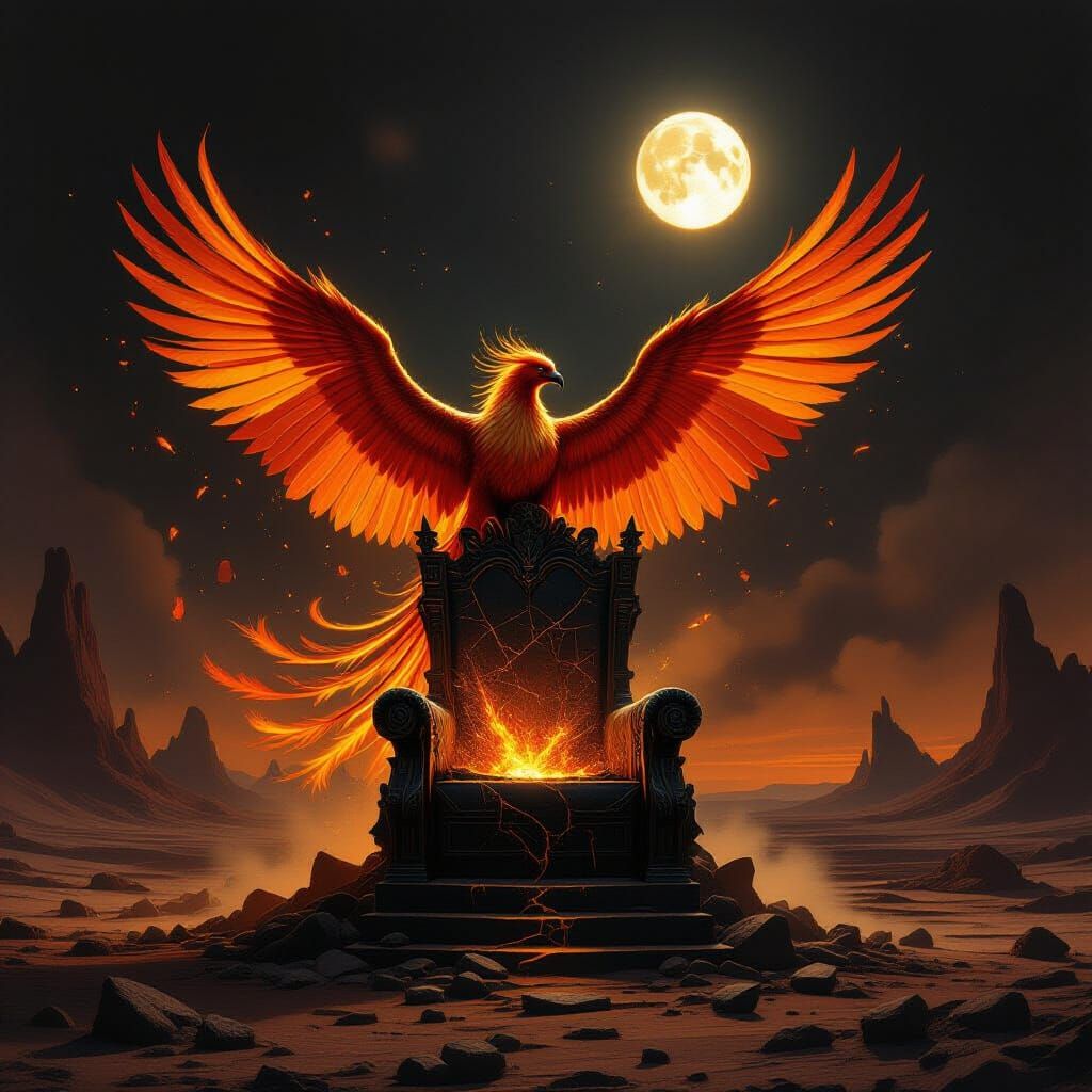 Phoenix Erupts from Obsidian Throne in Cosmic Landscape