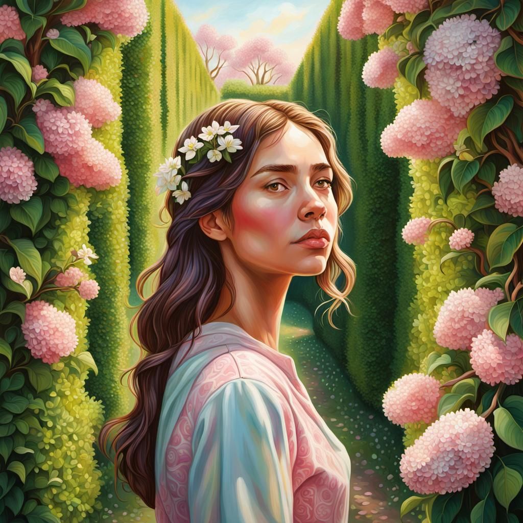 Woman in Pear Hedge Maze, Hyperrealistic Splash Art