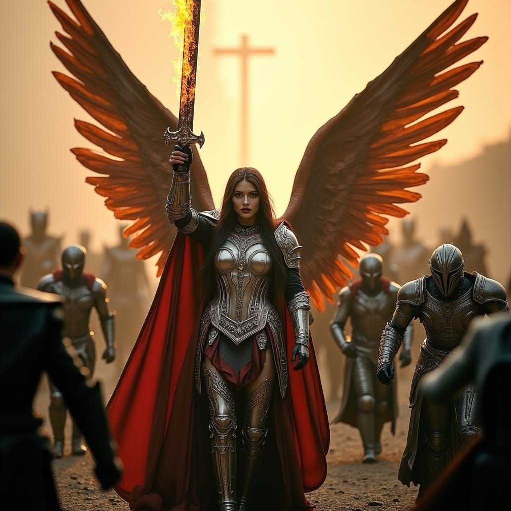 <lora:Dark Portraits:1.0> Saint Michael holding his blazing ...