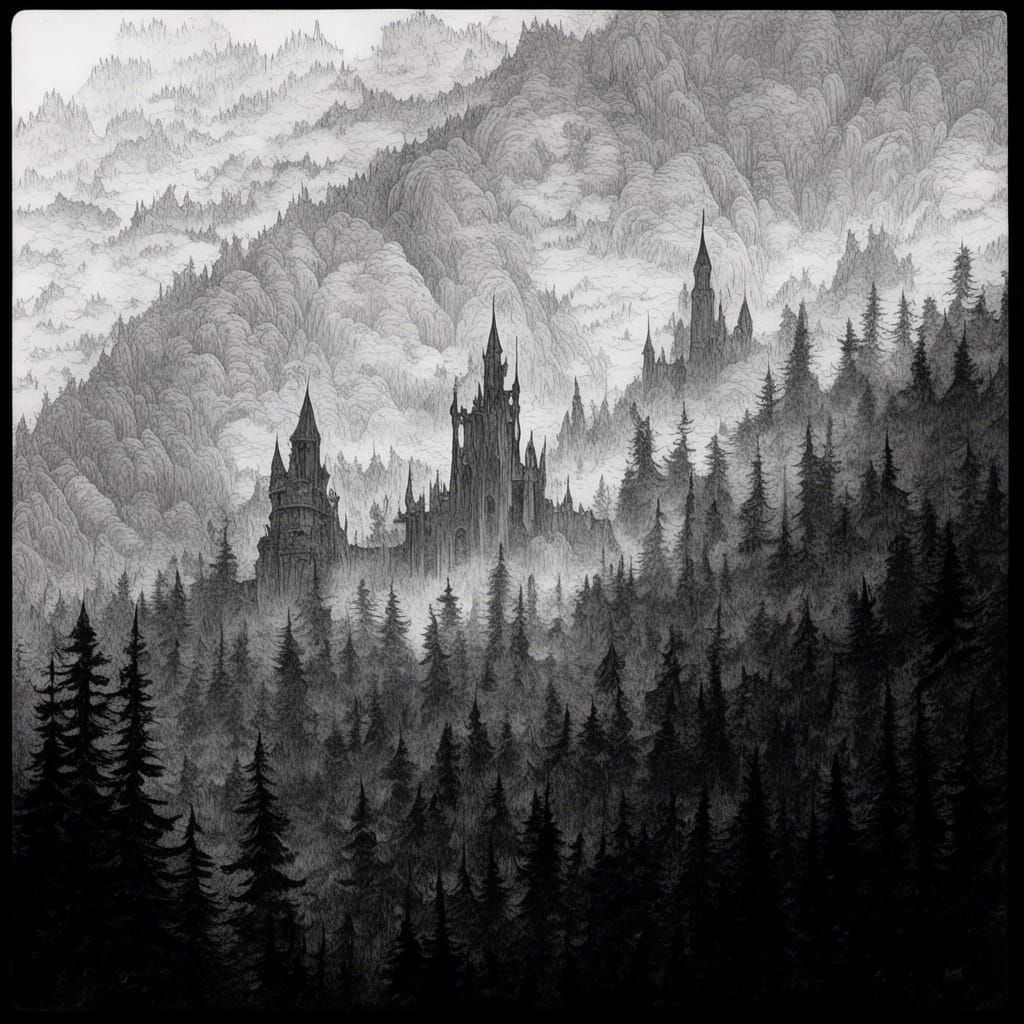 Dark Castle Emerges from Ancient Evergreen Forest