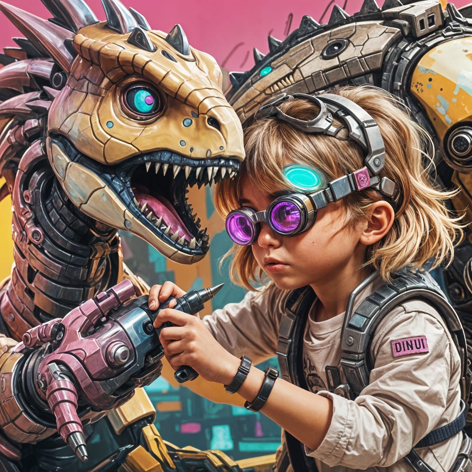 Cyborg Dinosaur Eye Repair: Whimsical Neonpunk Illustration