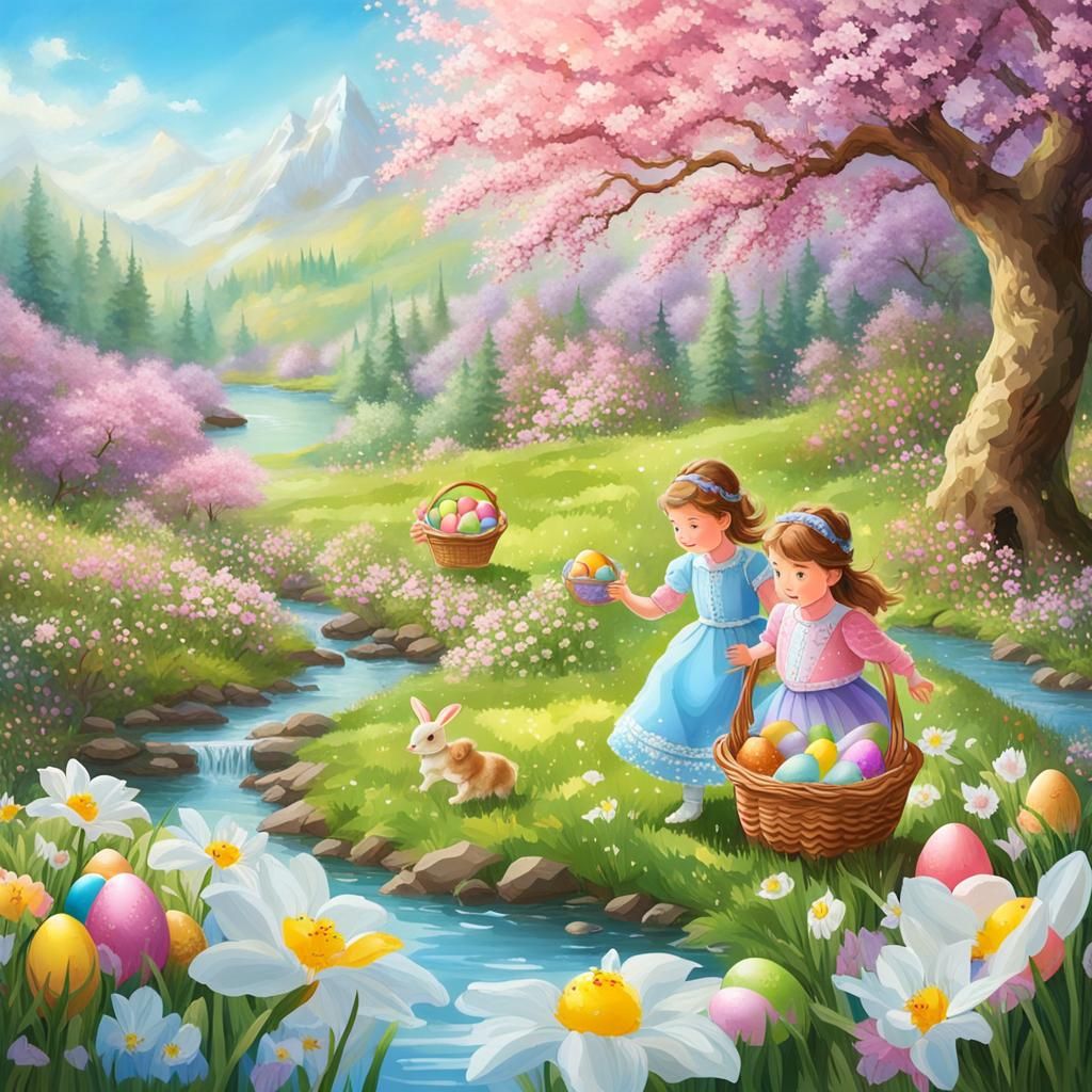 Little Princesses Easter Egg Hunt in Spring Landscape