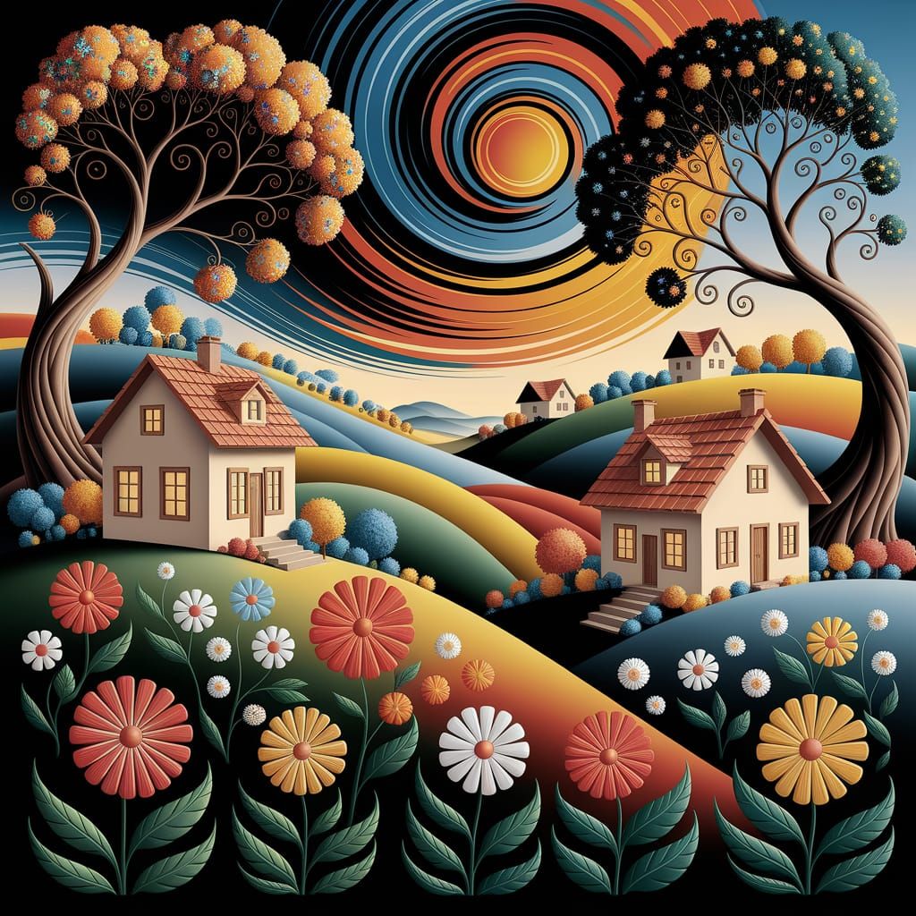 Folk Art Houses on Hill with Vibrant Flowers