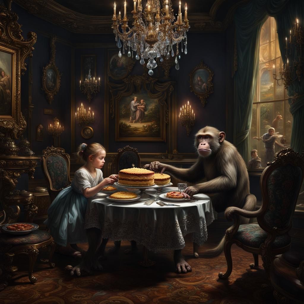 Monkey Pie Theft in Elegant Dining Room: Rubens Style