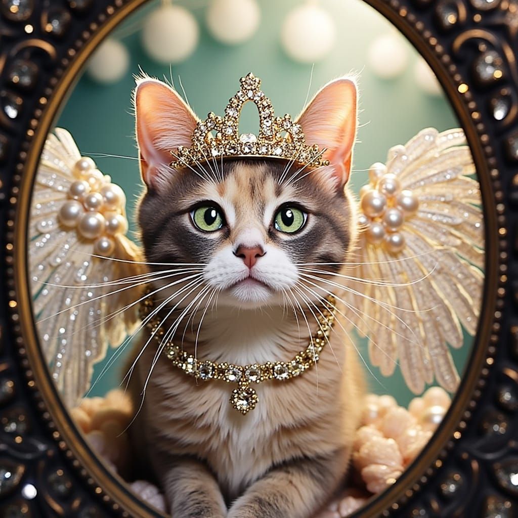 Gemstone Pearl Cat with Wings and Jewelry