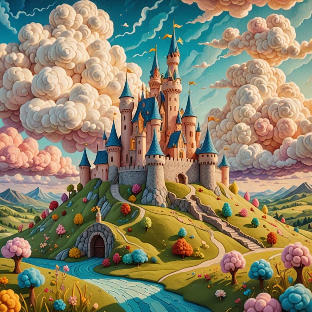 Felt World: A Whimsical Fantasy Landscape in Soft Pastels