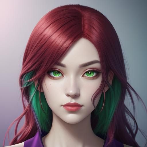Anime Woman with Cherry Hair and Vibrant Eyes