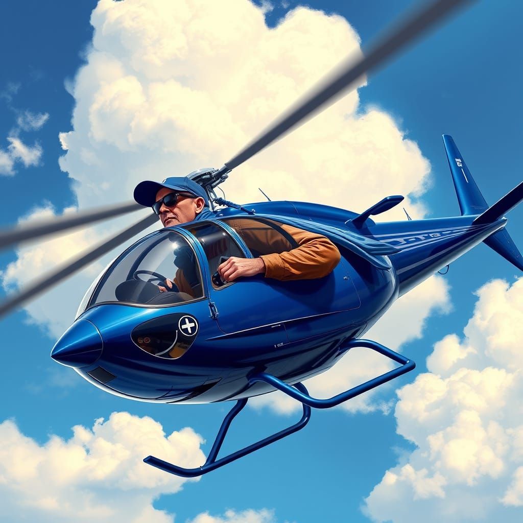 Blue Helicopter Soaring in a Blue Sky