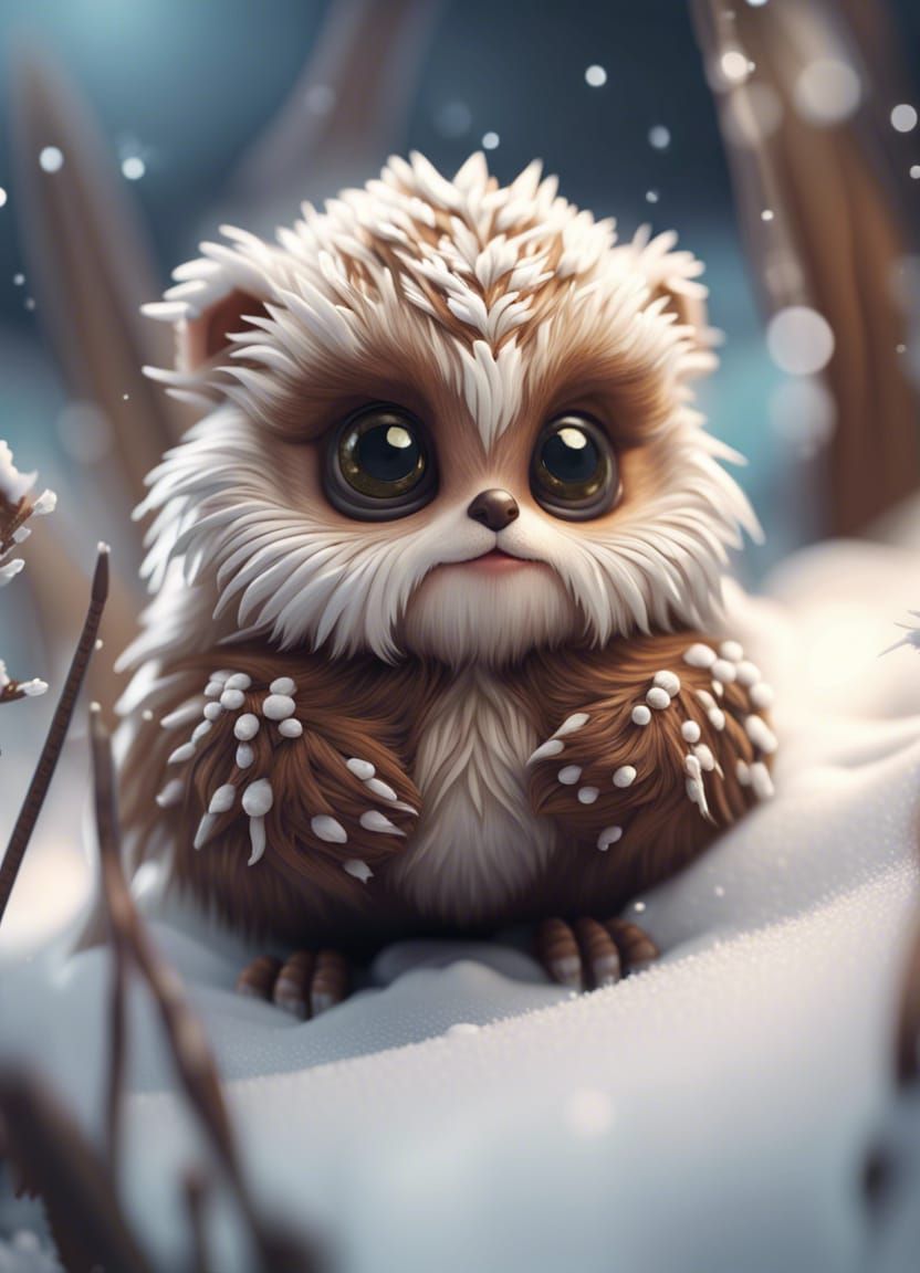 Cute Furry Creature in Snow, Hyperrealistic Detail