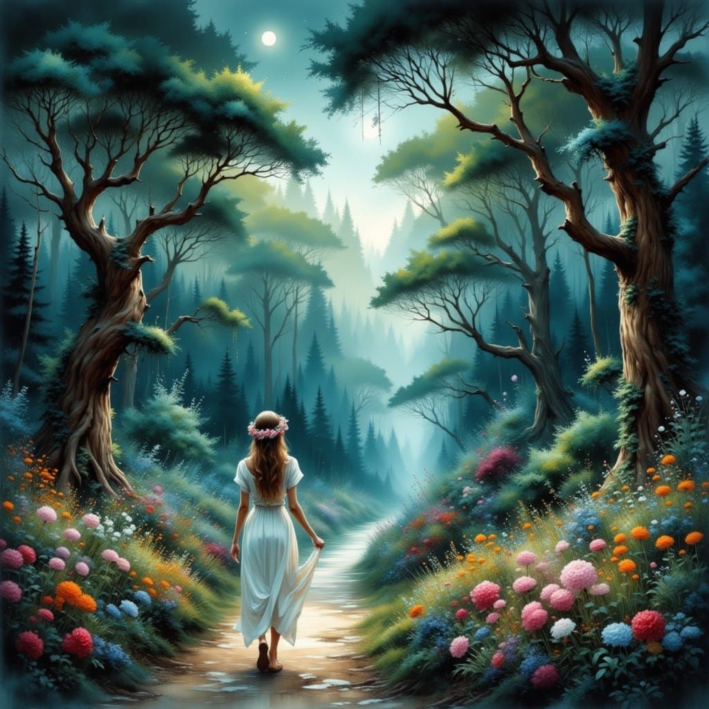 Mystical Woman Walks Down Winding Seven Bridges Road Under C...