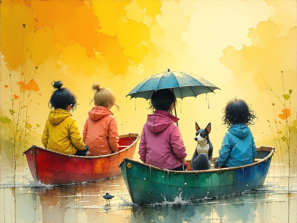 Dog and Children in Rain, Impressionistic Watercolor