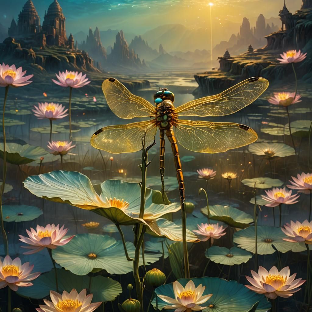Golden Dragonfly in Mystical Lotus Flower