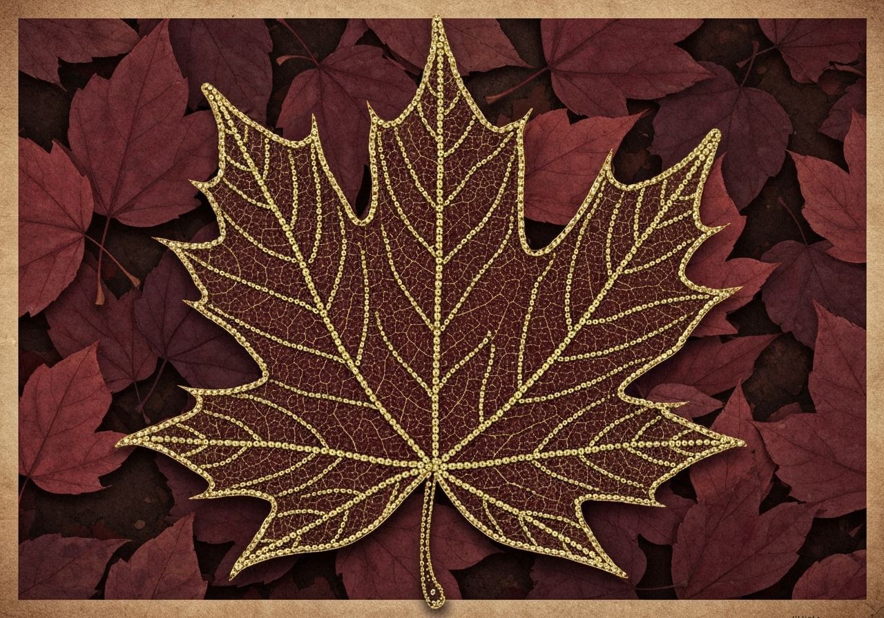 Golden Beaded Maple Leaf on Autumn Foliage