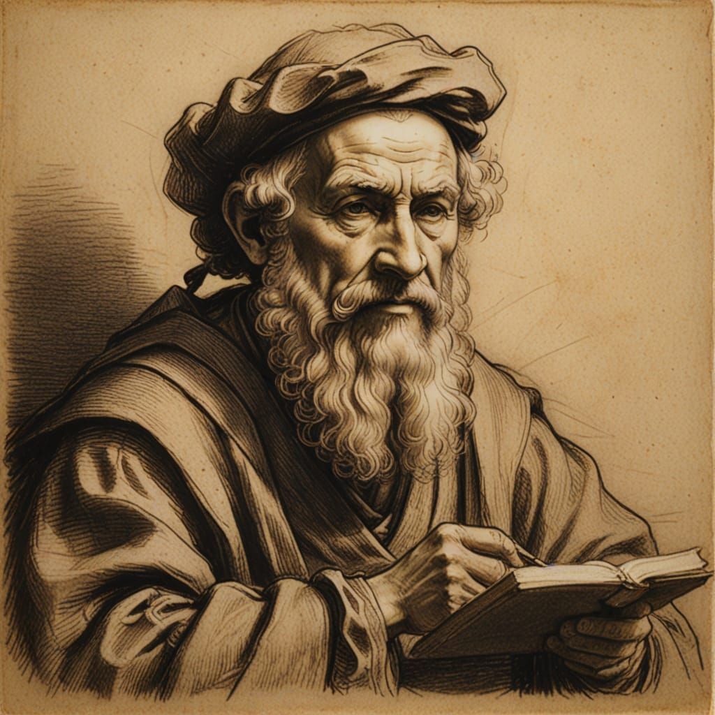 Plotinus Portrait in Rembrandt Style, Chalk Drawing