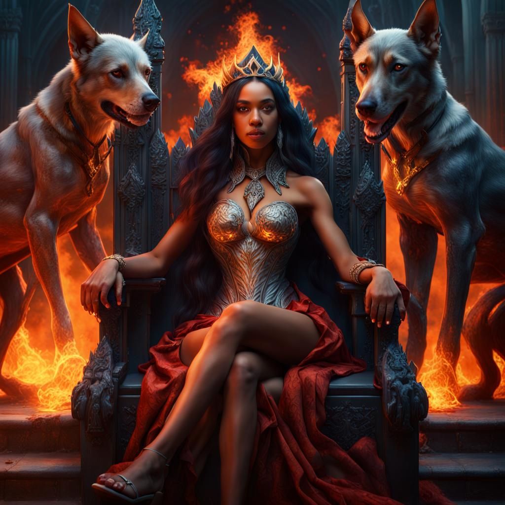 Exotic Woman on Glass Throne with Hell Hounds