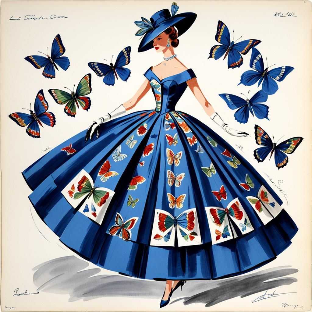 1956 Fashion Sketch: Butterfly Dress Design
