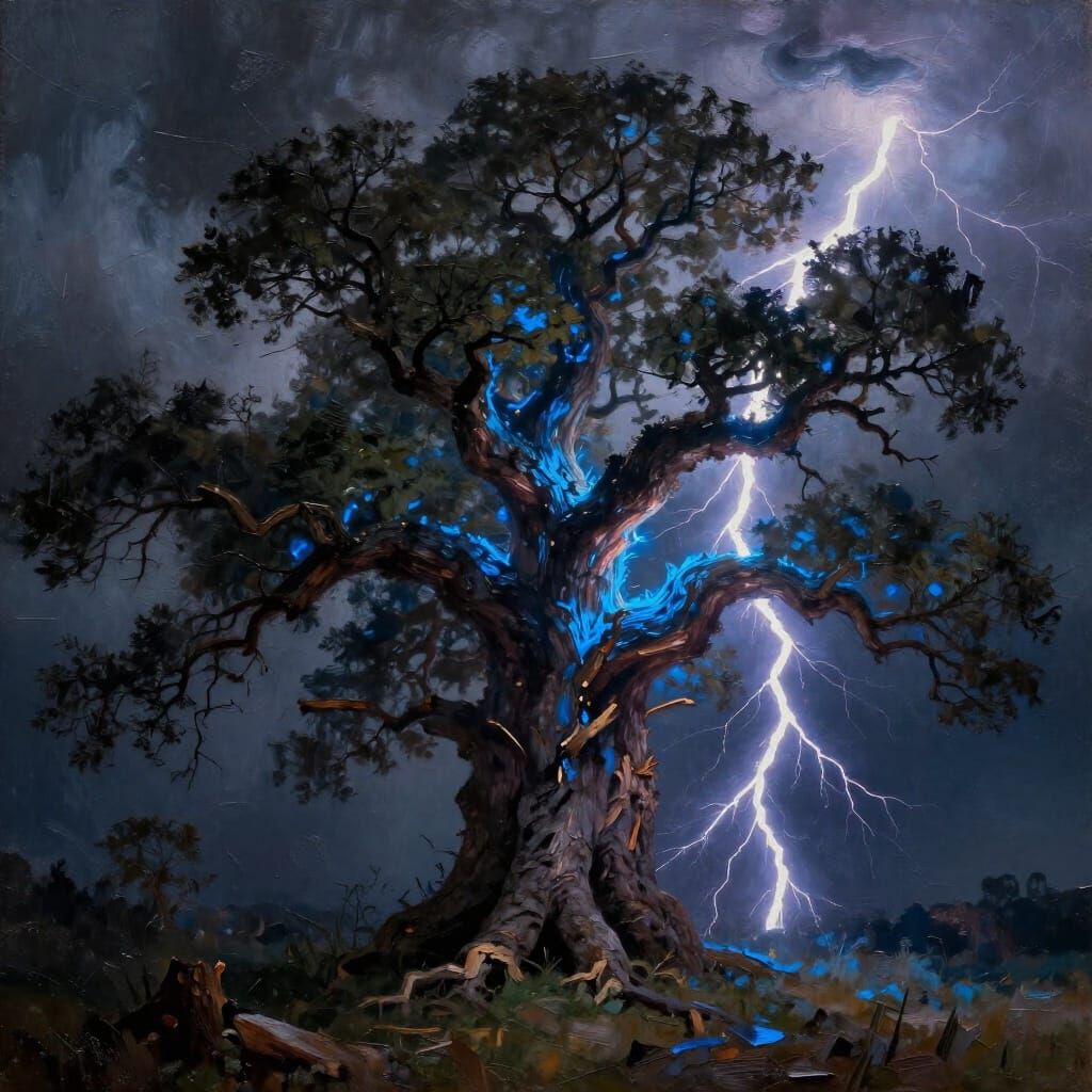 Colossal Oak Struck by Lightning in Dramatic Oil Painting