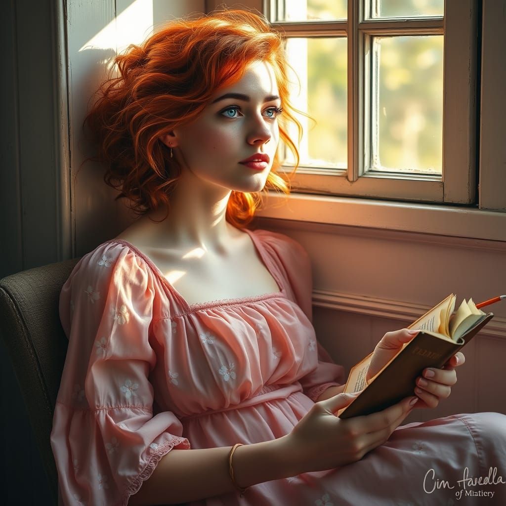 Woman in Soft Pink Sundress Reading by the Window