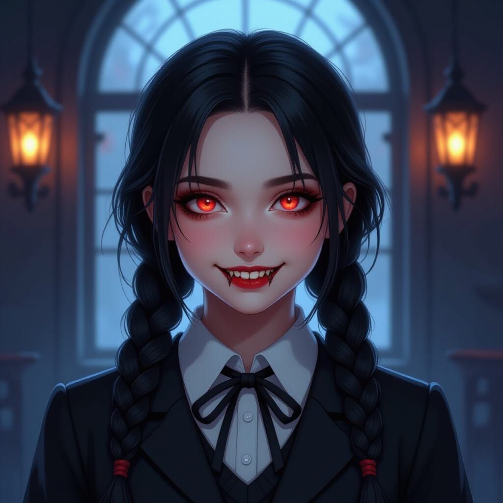 Gothic Schoolgirl with Piercing Red Eye