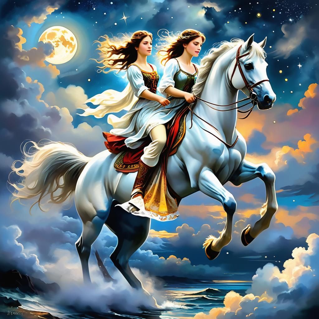 Woman Rides White Horse Through Starry Sky