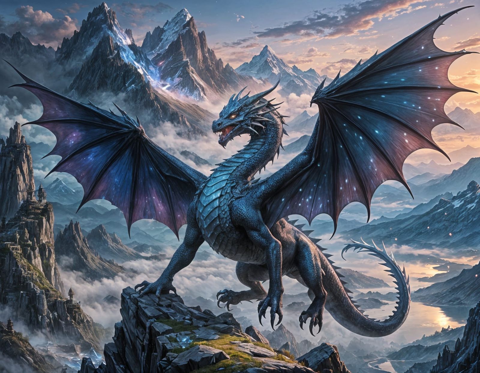 Ethereal Dragon in Watercolor Fantasy Landscape