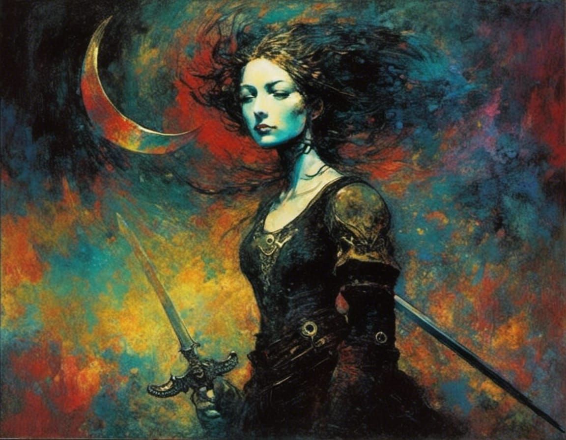 Warrior Goddess in Moonlit Glory, Neo-Expressionist Oil Pain...