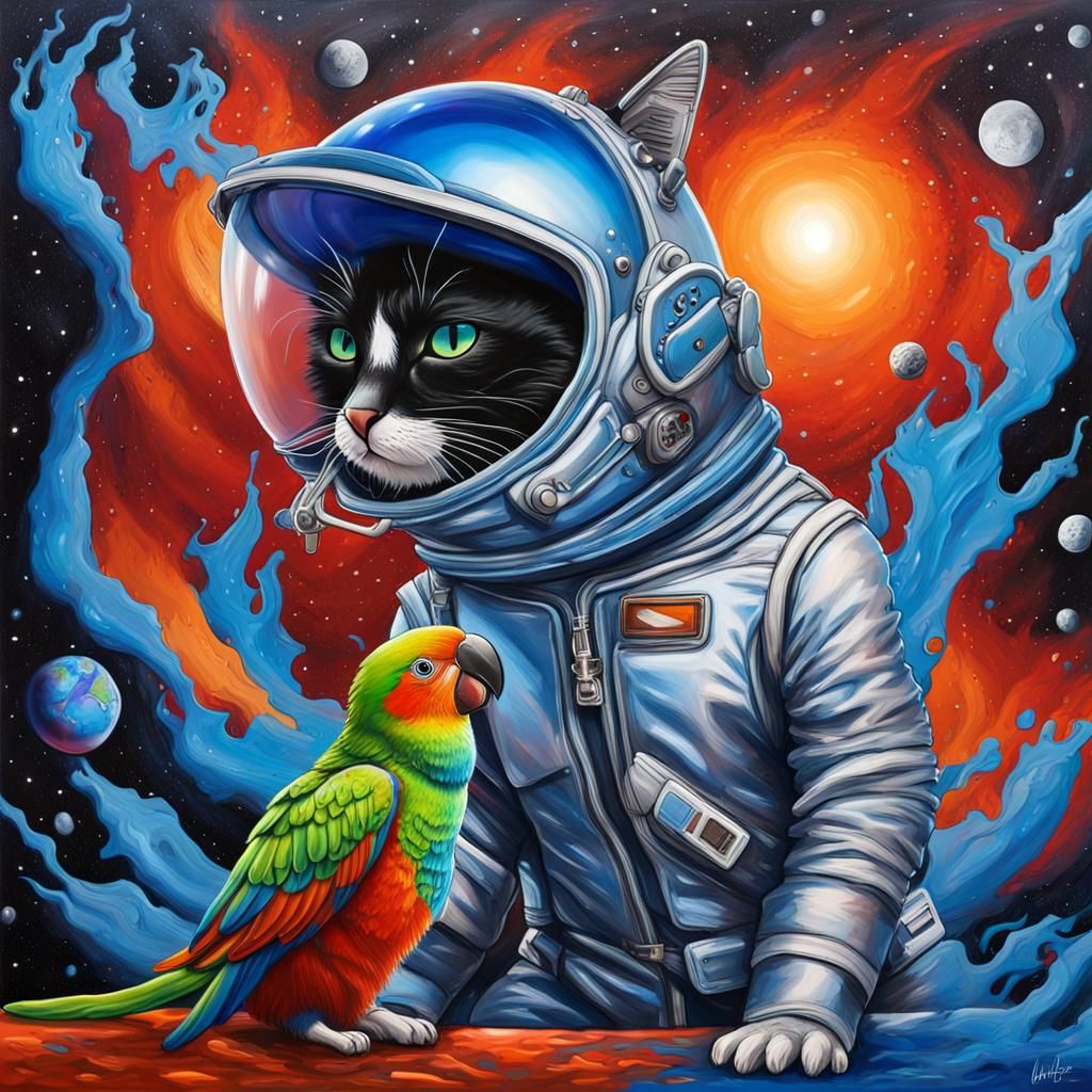 Cat and Parrot in Space Suits: Graffiti Art