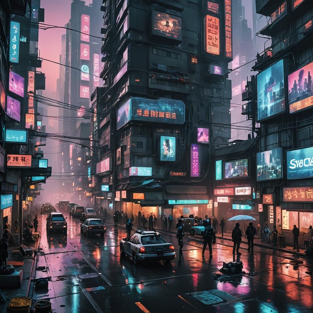 Cyberpunk Dystopian Metropolis at Dusk