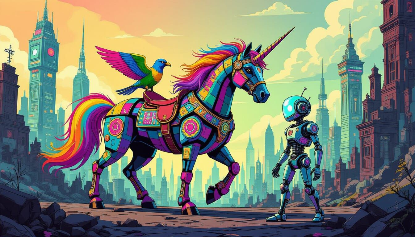 Aetherpunk Hybrid Creature in Post-Apocalyptic Metropolis