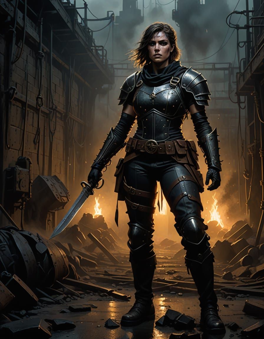 Grim Industrial Gladiator in Dark Fantasy Arena