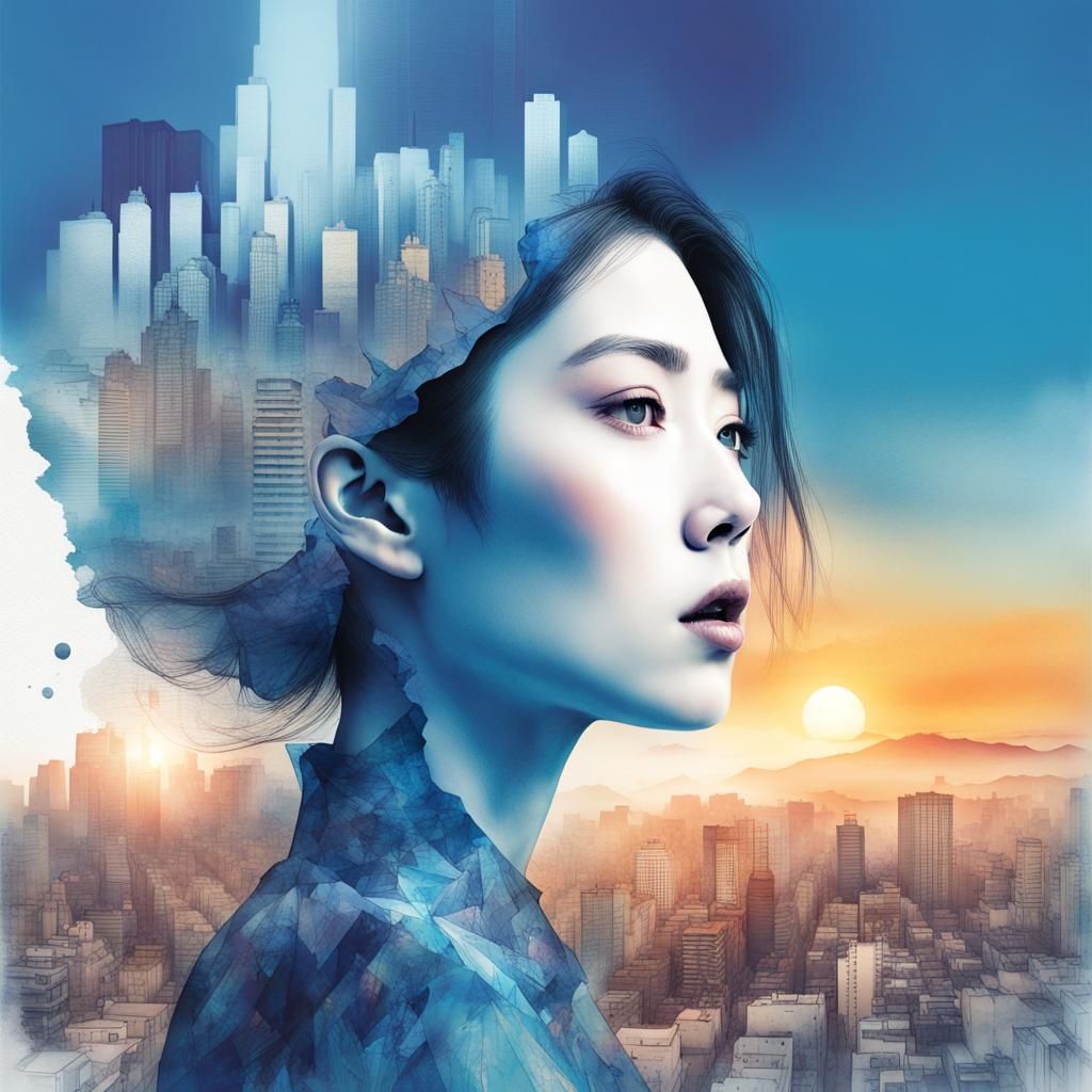 Dystopian Korea Town: Double Exposure Watercolor Illustratio...