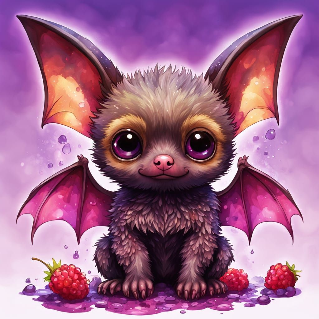 Whimsical Fruit Bat Amidst Berry Hoard in Vibrant Amethyst C...