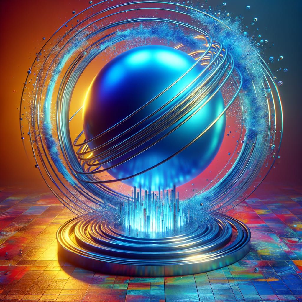 Neon Sphere with Metallic Rings in Splash Art Style