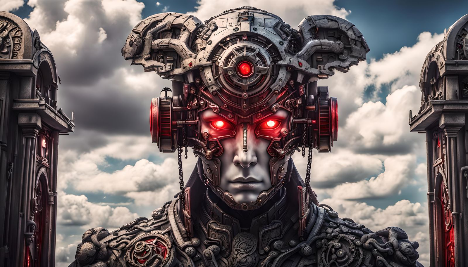 Cyborg Guards Time Gate with Red Eyes, Hyperrealistic