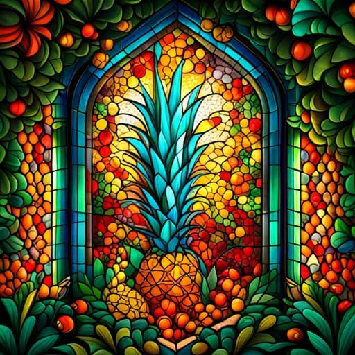 Stained Glass Window with Geometric Pineapple Design