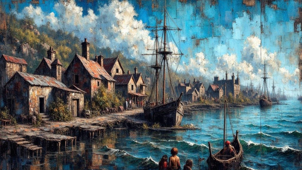 Picturesque Harbor Town in Earthy Fantasy Style