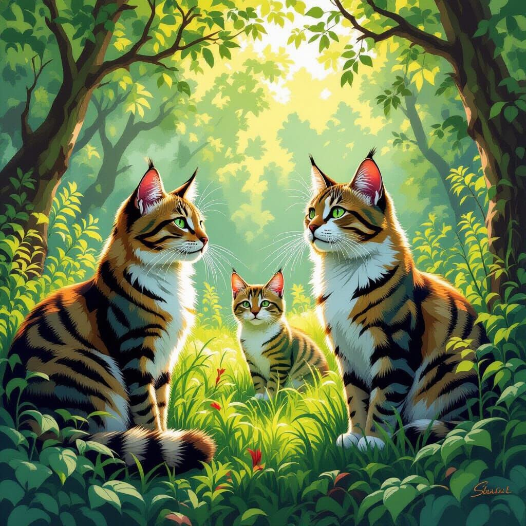 Wild Cats Roaming Freely in a Lush Environment