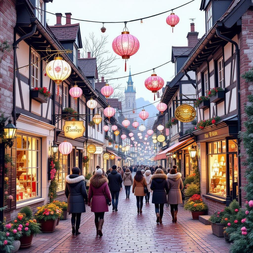 Festive Lanterns in Quaint Street: Whimsical Art