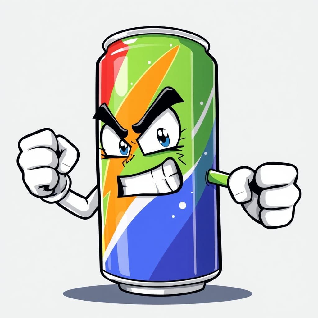 Angry Energy Drink Cartoon Character Shakes Fist