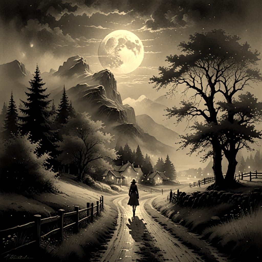 Ethereal Woman Walks Under Full Moon in Watercolor