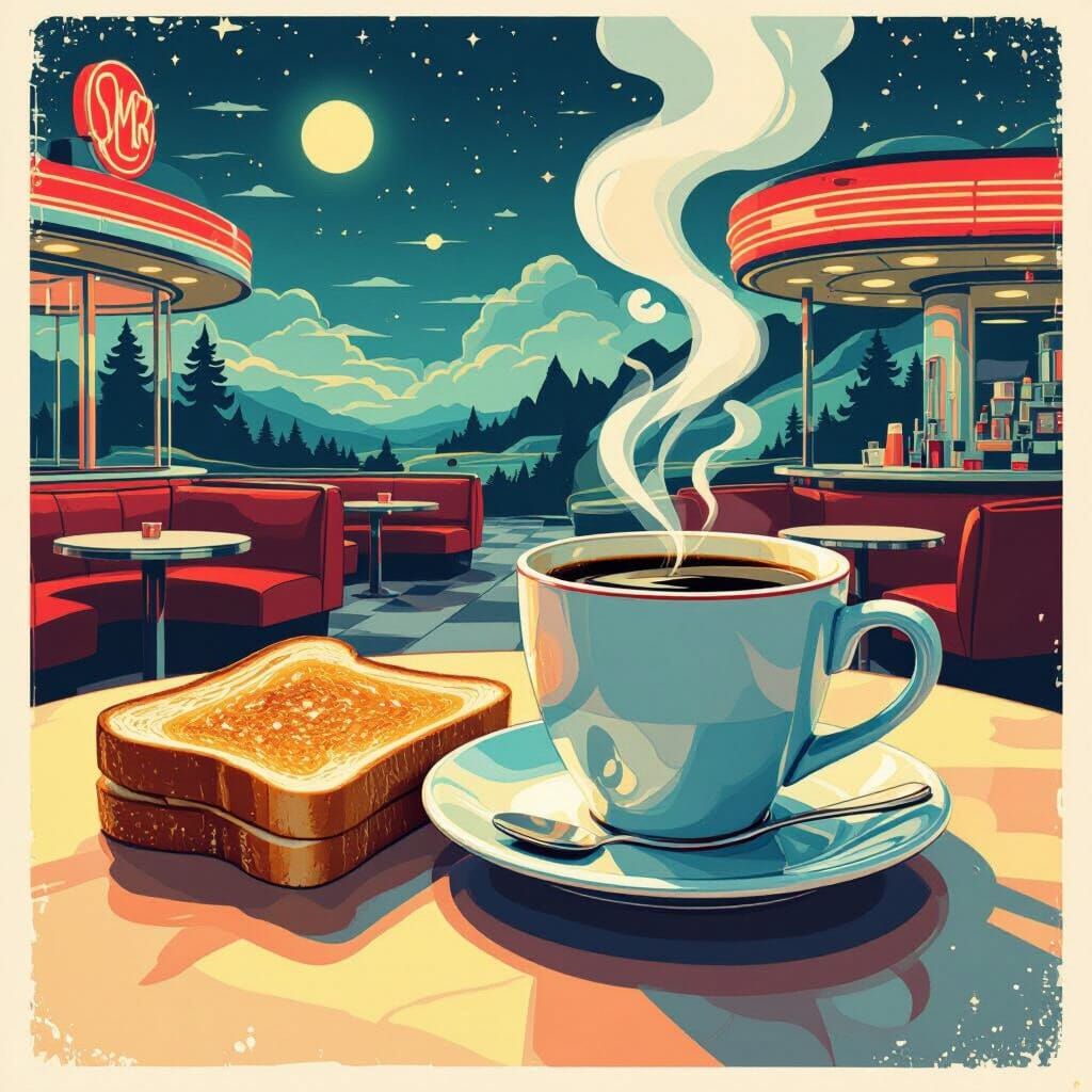 Retro Coffee and Toast Illustration in 1950s Style