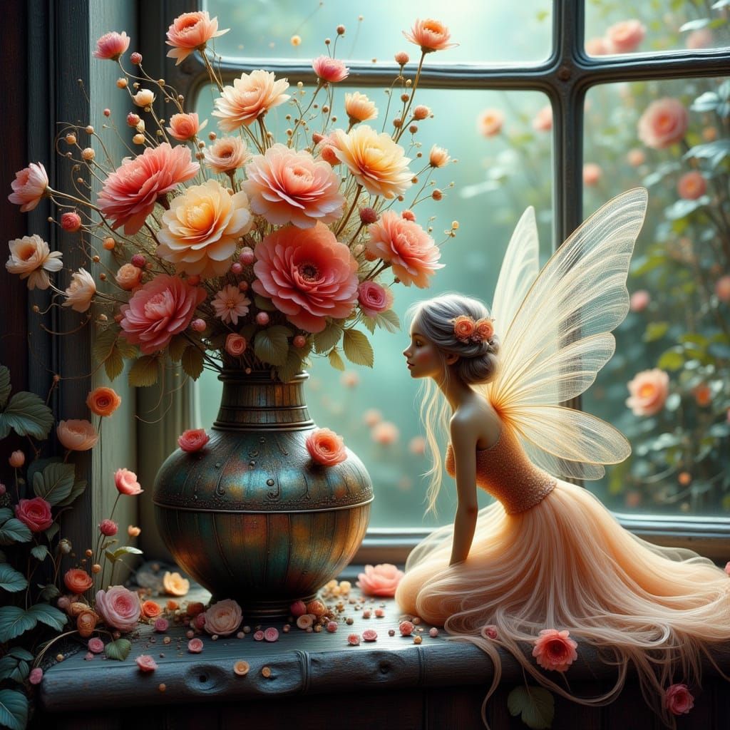 Delicate Fairy in Vase of Flowers, Whimsical Art