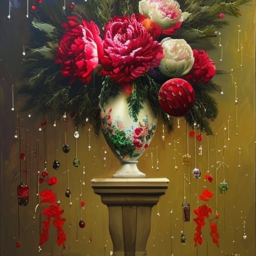 Christmas Floral Still Life as Impasto Acrylic Painting