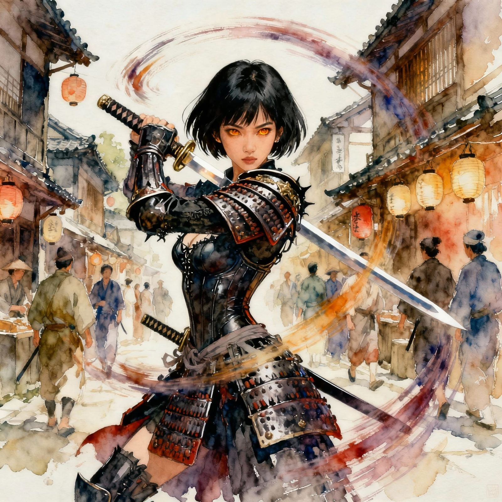 Gothic Samurai Woman Defends Ancient Town in Watercolor