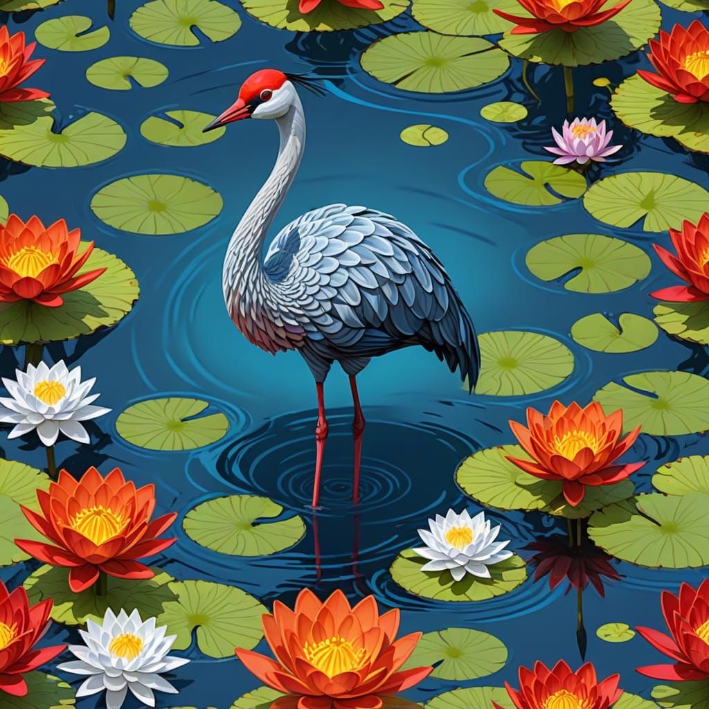 Colorful Sandhill Crane Amidst Abstract Fractal Pond