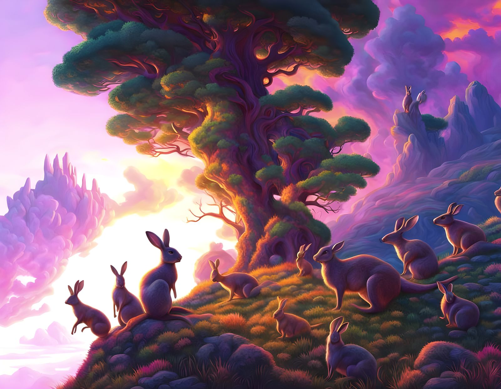 Psychedelic Sunset with Rabbits and Kangaroos